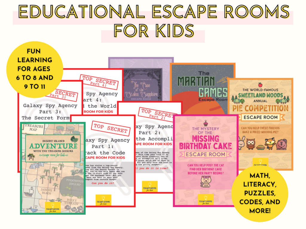 A composite photo titled 'Educational Escape Rooms for Kids', with pictures of the covers of nine different escape rooms. Further text says 'Fun learning for ages 6 to 8 and 9 to 11' and 'Math, literacy, puzzles, codes, and more!'