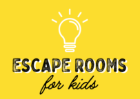 Escape Rooms for Kids logo - black text on yellow background with a white lightbulb emitting light rays